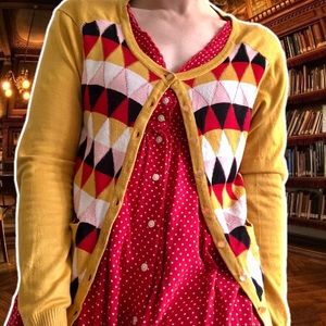 Dancing Days by Banned Saffron Button Cardigan with Red and Pink Argyle